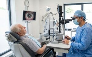 Portrait of the best eye surgeon in Vadodara consulting with a patient in a modern ophthalmology clinic.