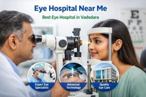 Ophthalmologist examining a patient at Saatvik Eye Hospital in Vadodara, showcasing expert eye specialists, advanced technology, and quality eye care services.