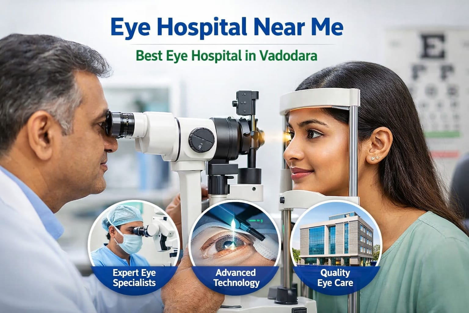 Ophthalmologist examining a patient at Saatvik Eye Hospital in Vadodara, showcasing expert eye specialists, advanced technology, and quality eye care services.