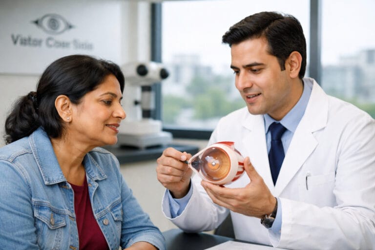 Expert eye specialist in Vadodara explaining presbyopia treatment options